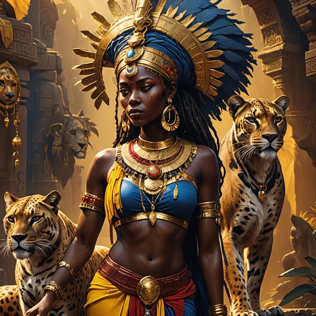 Regal African Goddess with Panther in Fantasy Art