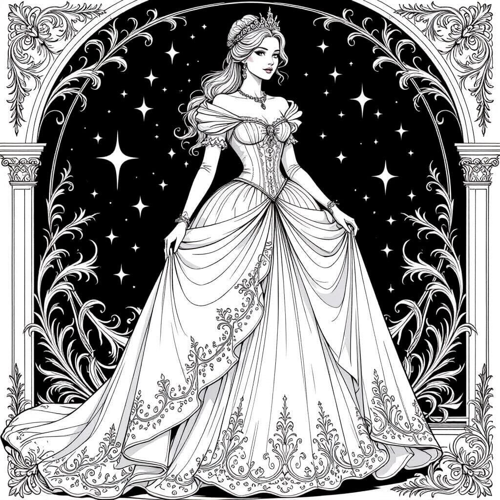 Elegant Princess Line Art for Coloring Book