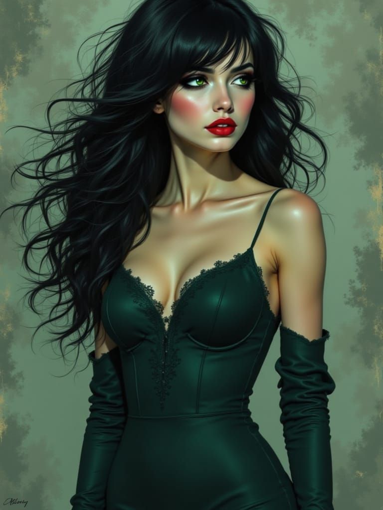 A Mysterious Female Figure in a Vintage, Dark Green Dress