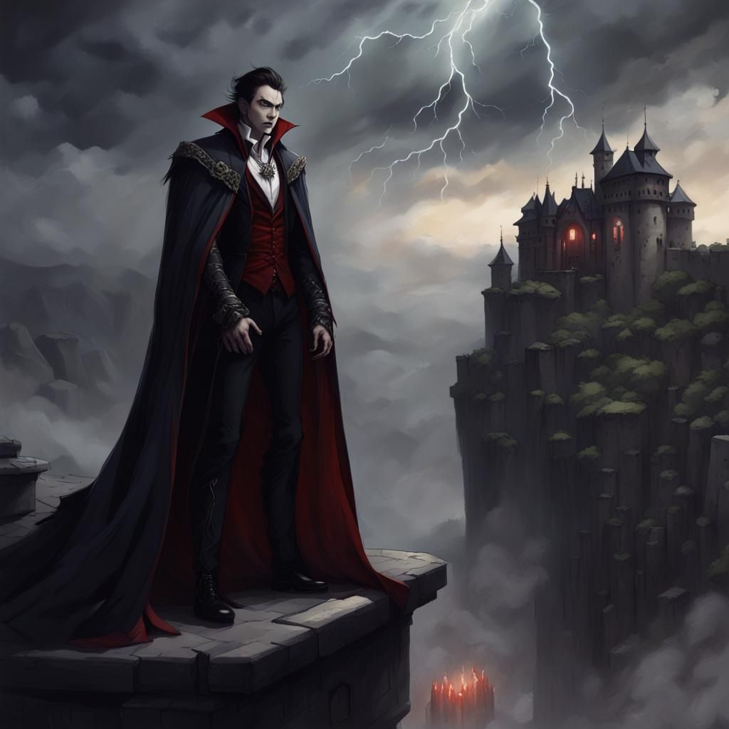 Vampire Lord in Dark Castle During Thunderstorm