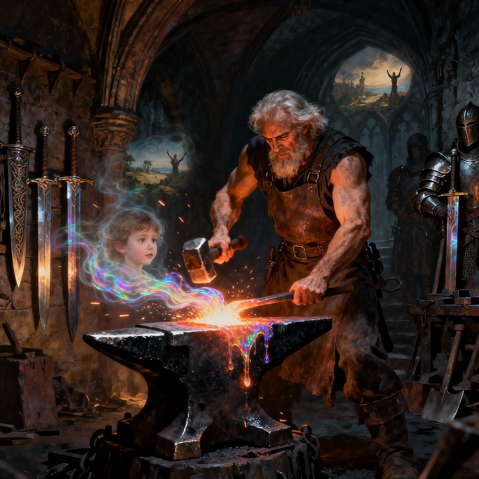 Mnemonic Blacksmith Forging Ethereal Memory in Gothic Forge