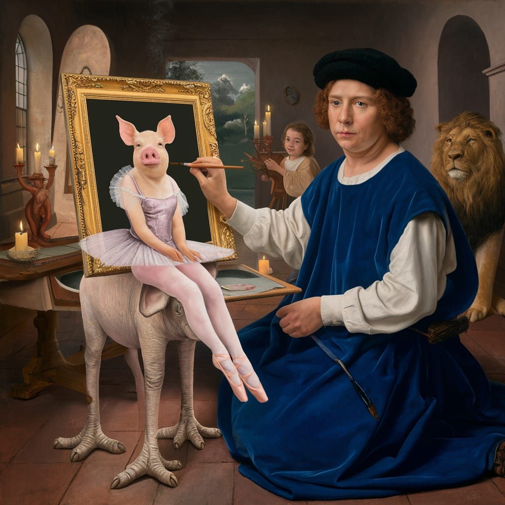 Dürer-Style Painter in Surreal Studio Setting