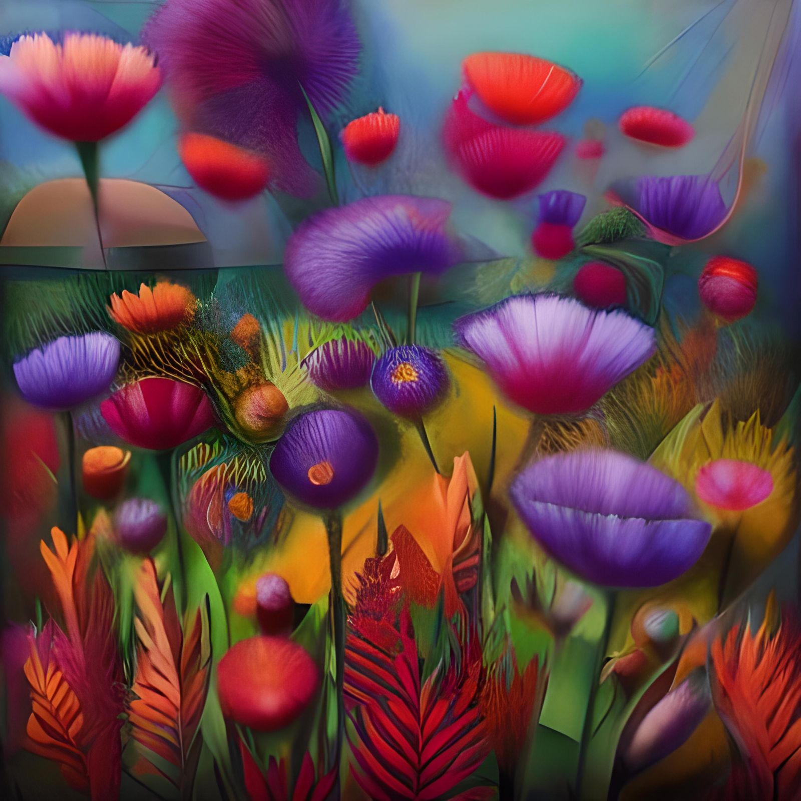 Vibrant Flower Fields in Abstract Holographic Illustration