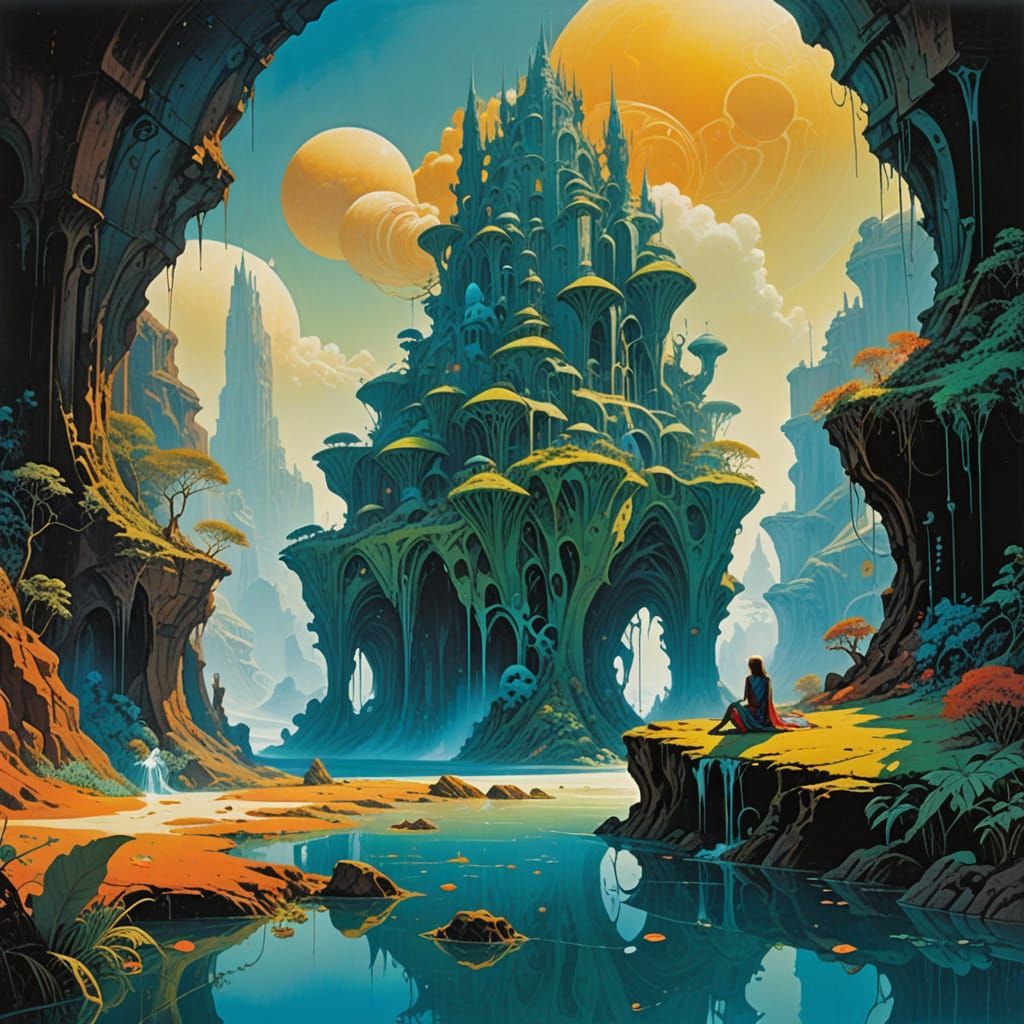 Surrealist Landscape with Bathing Women in Mystical Setting