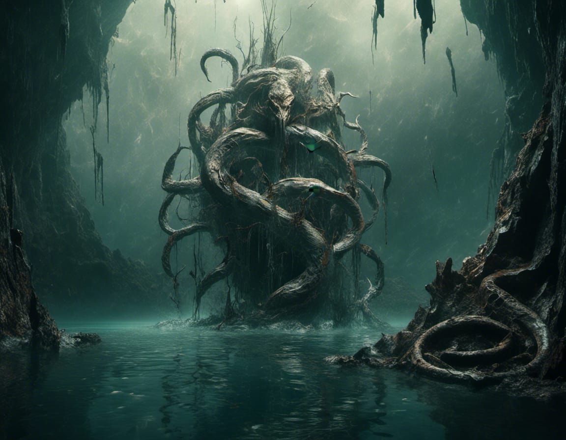 Living Caduceus with Serpents Rising from Cave Lake