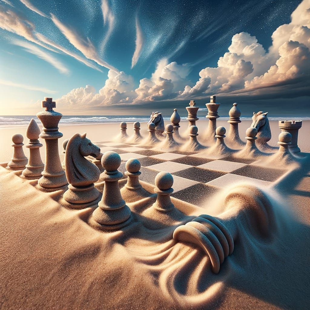 Dissolving Sand Chess Pieces on Beach, Digital Illustration