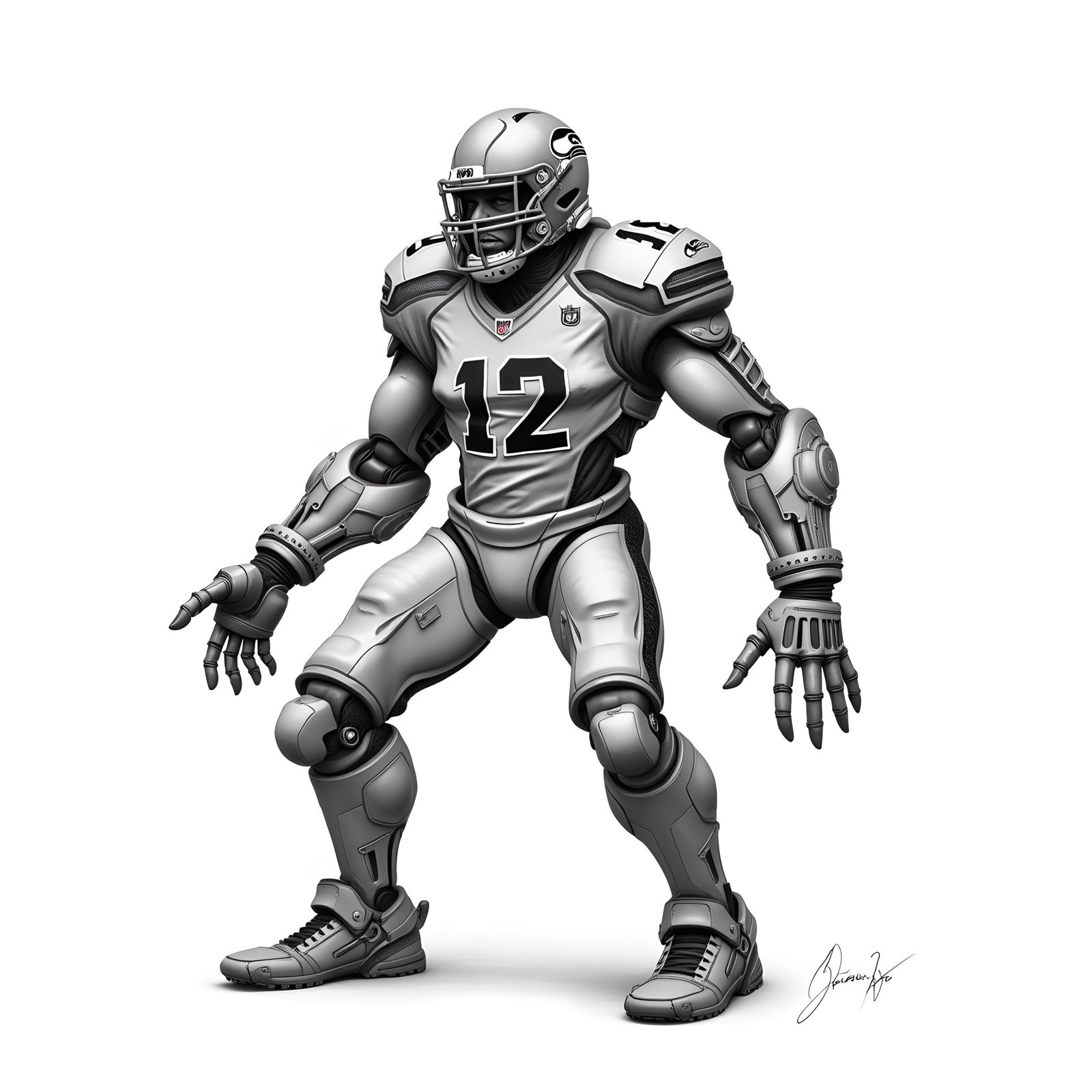 Biomechanical Cyborg in Seahawks Uniform: Pencil Art