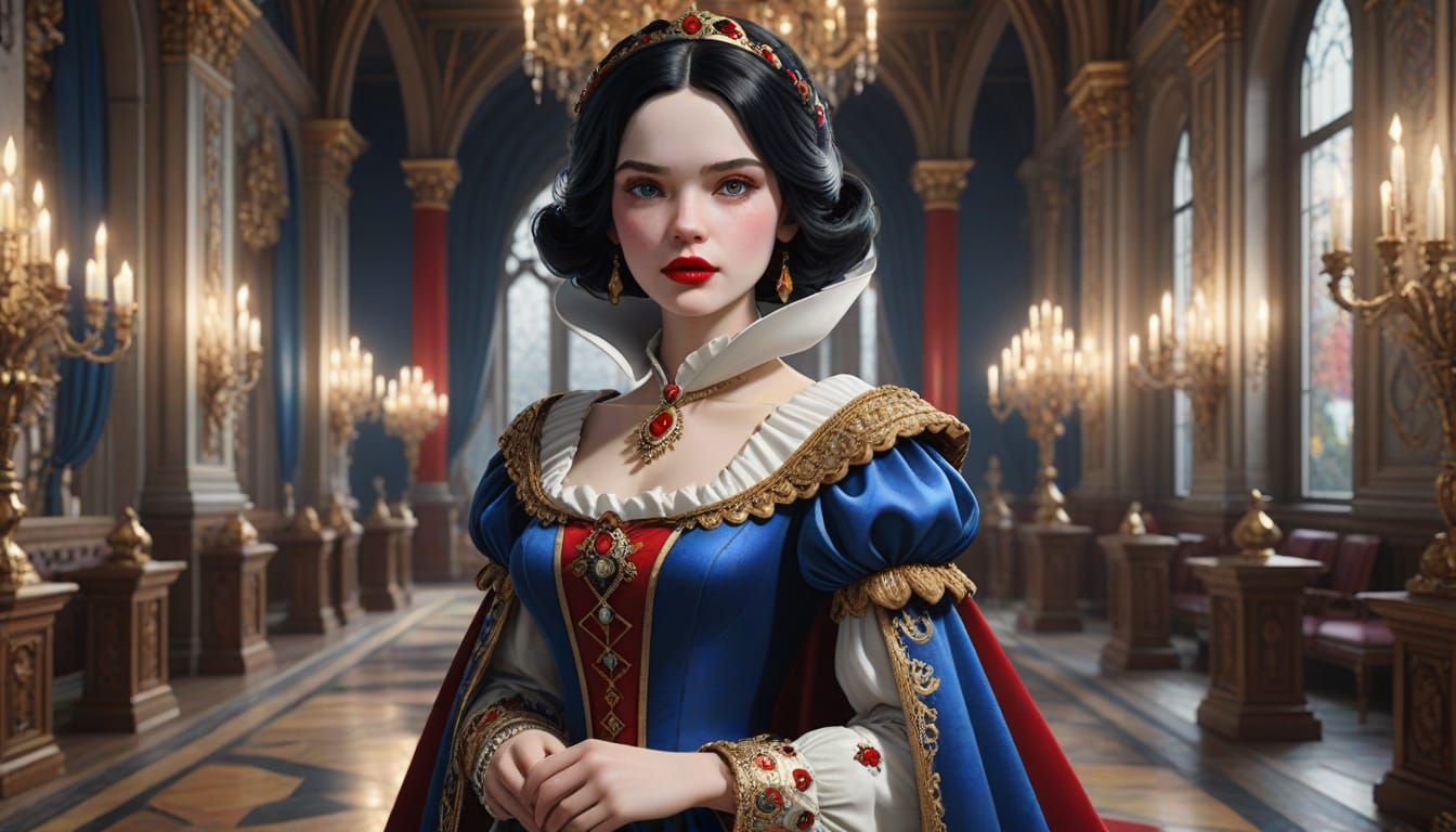 Regal Snow White in Opulent Blue and Red Ball Gown