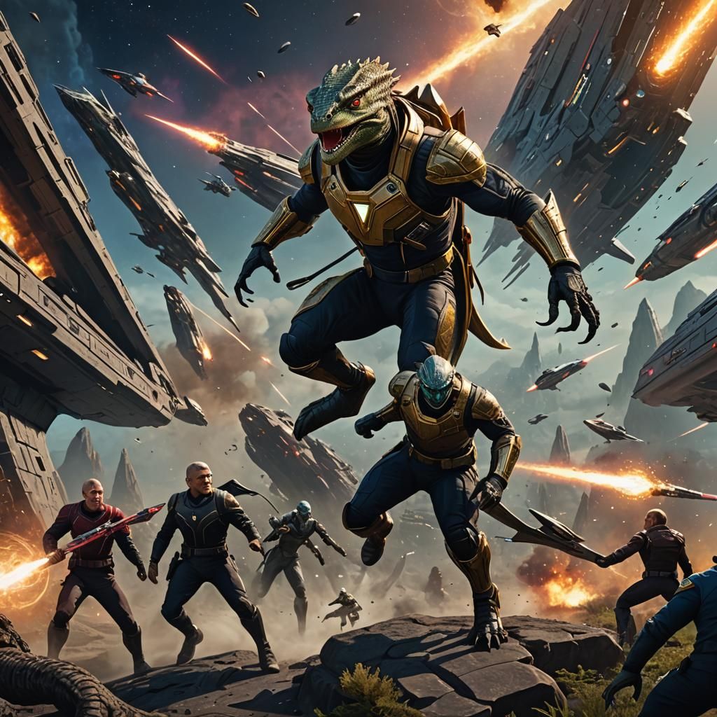 Lizard Man Attacks Starfleet Captain in Detailed Painting