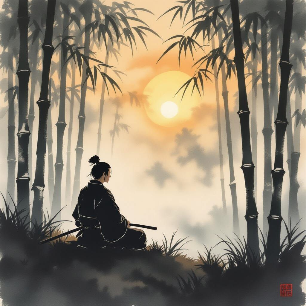 Samurai Meditating in Bamboo Forest as Ink Wash Painting