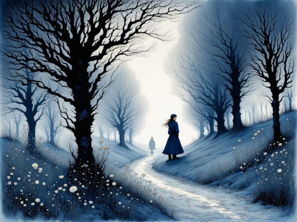 Intricate Blue Ink Drawing of Entangled Shadows