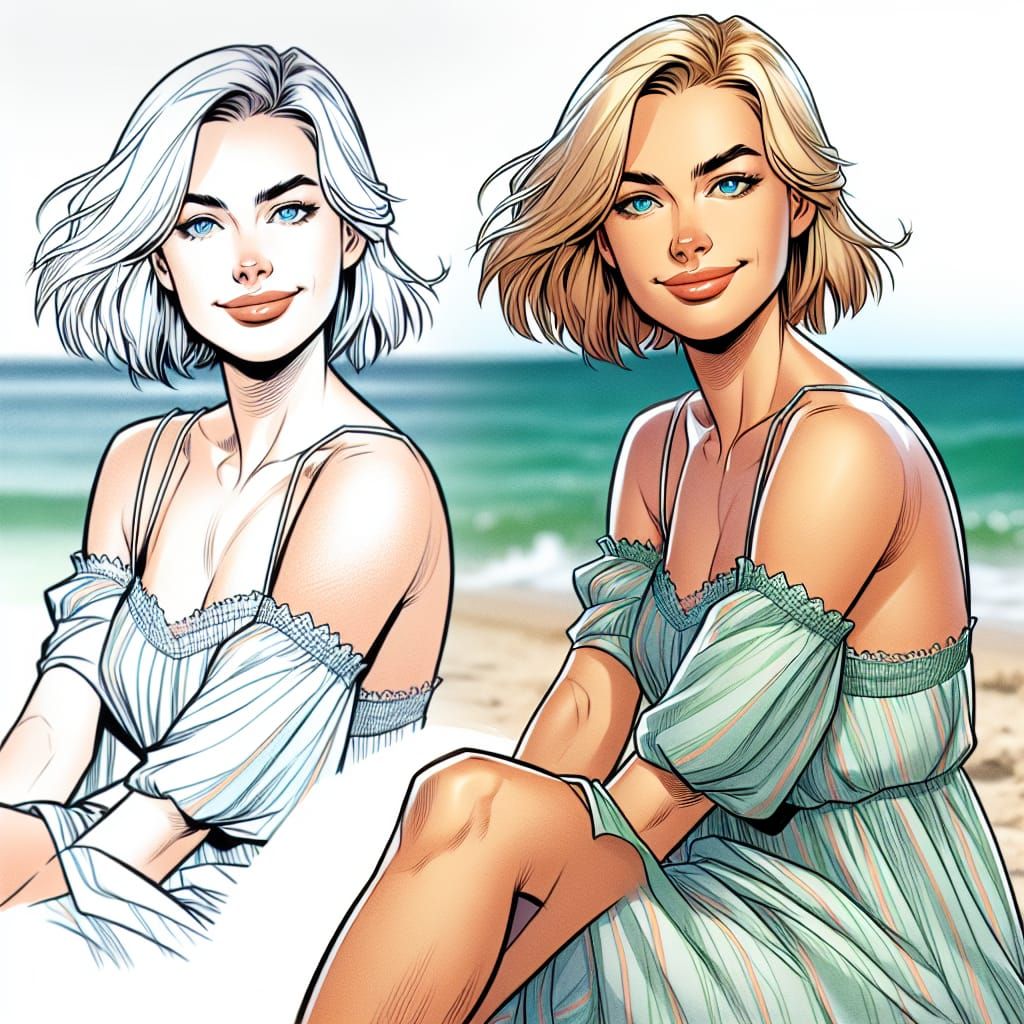 Young Woman on Beach in Colored Ink Drawing