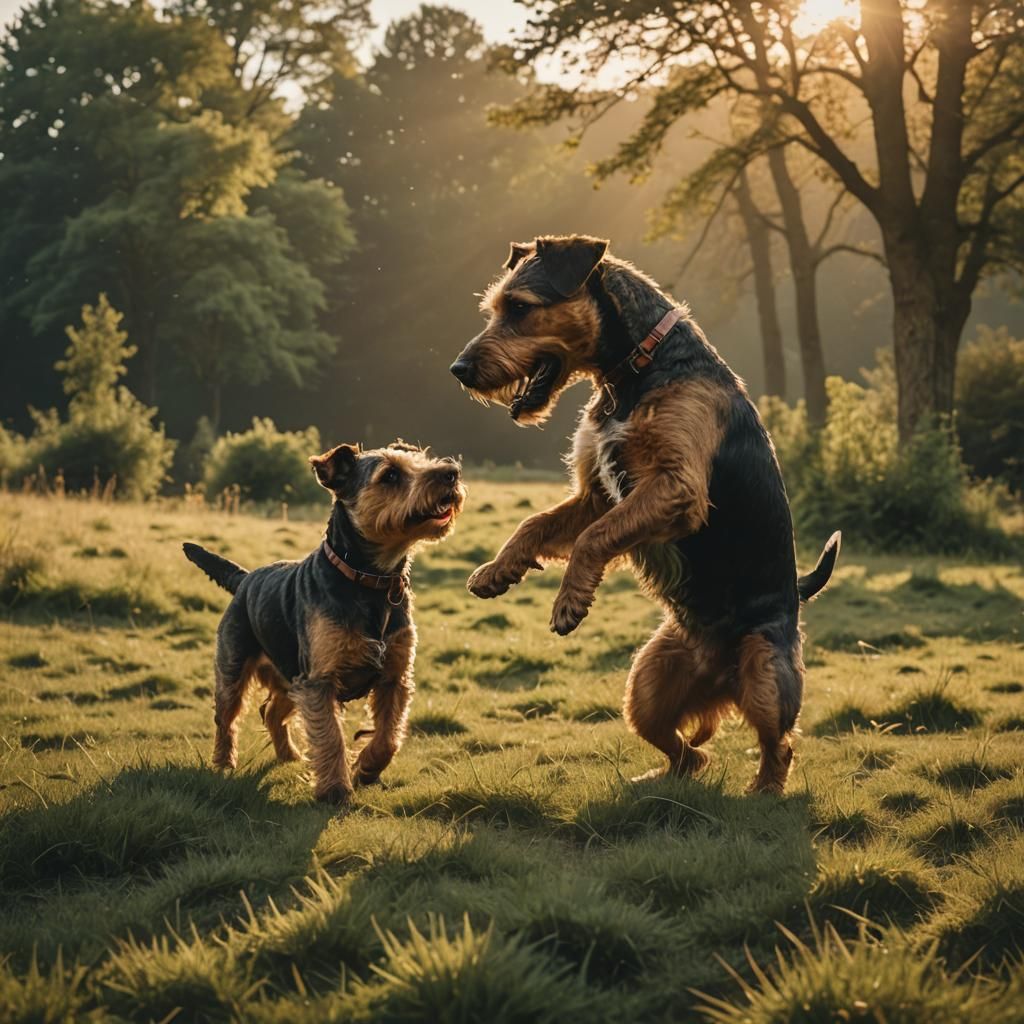Airedale Terrier Playing in Meadow at Sunset