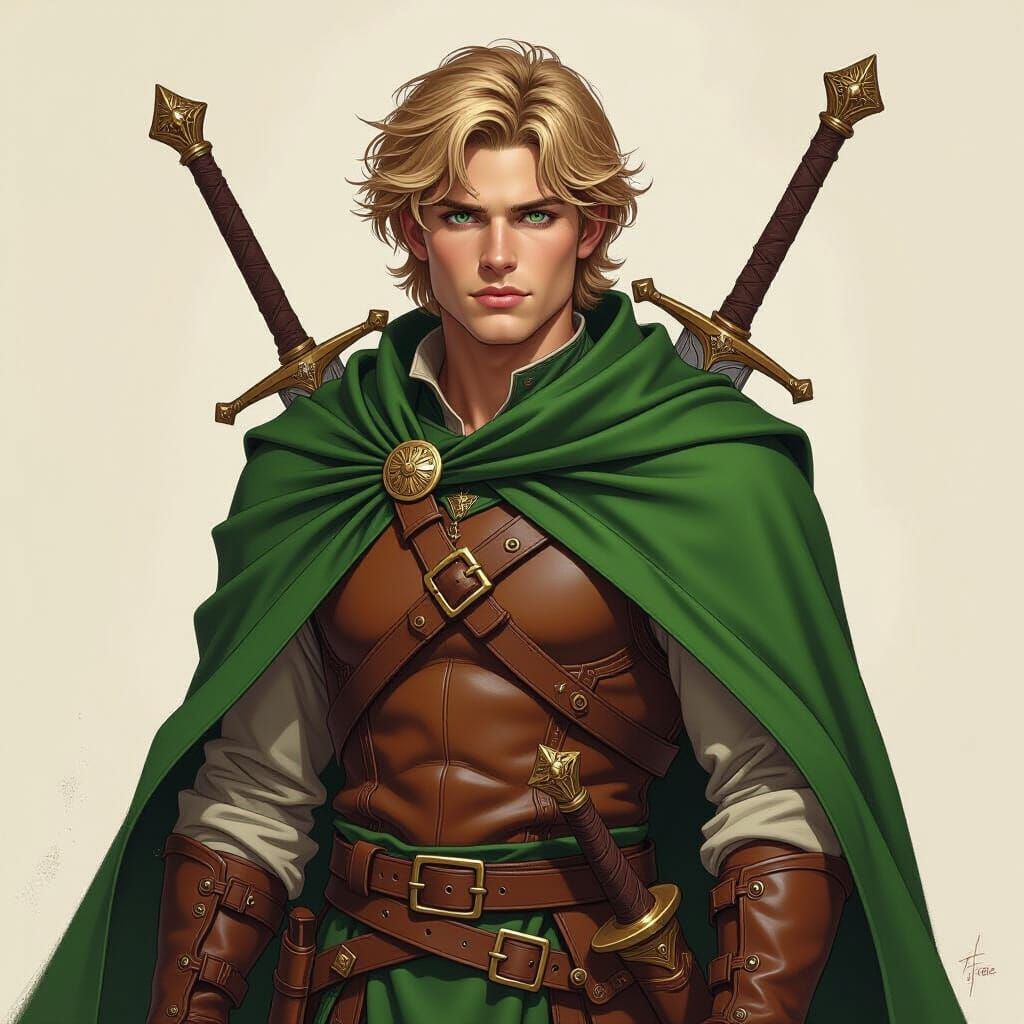 Heroic Fantasy Warrior with Sword and Green Cloak