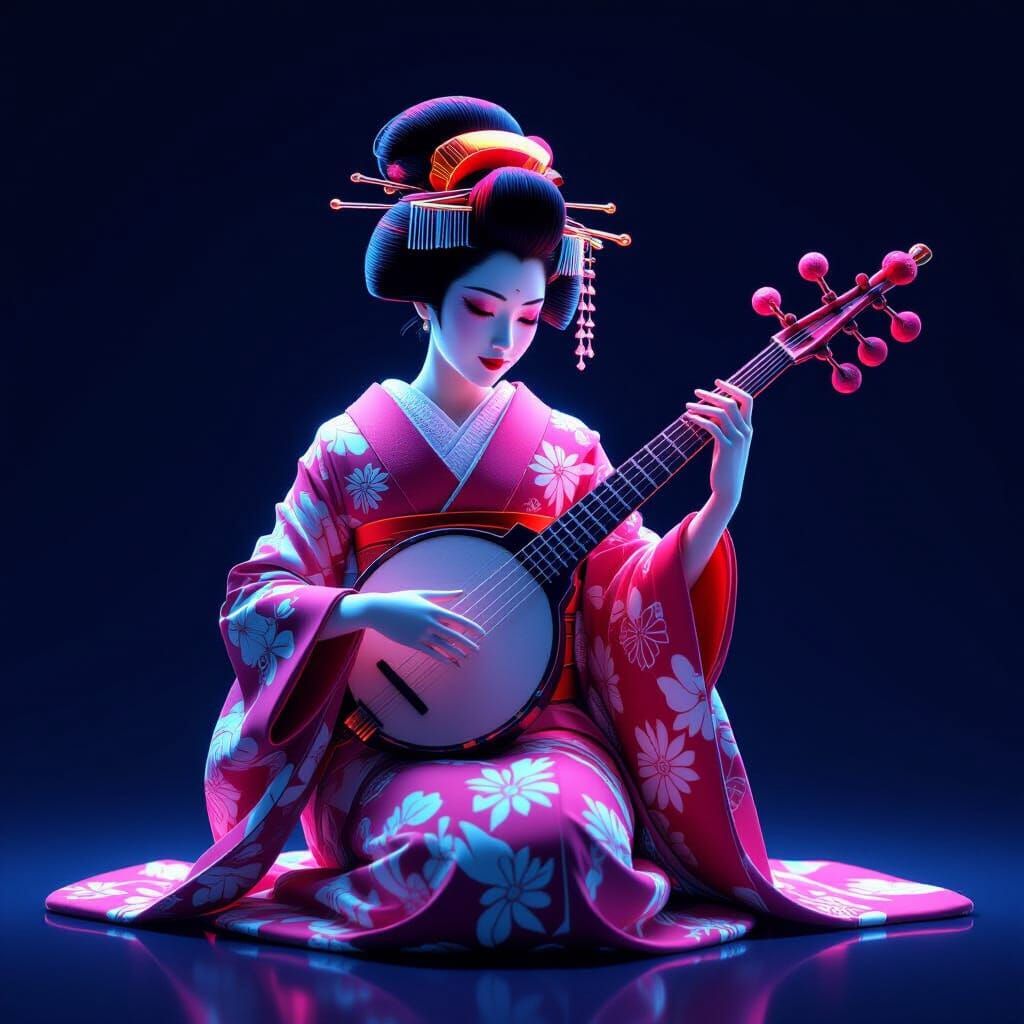 Geisha Playing Biwa in Neon Geometrical Art Style