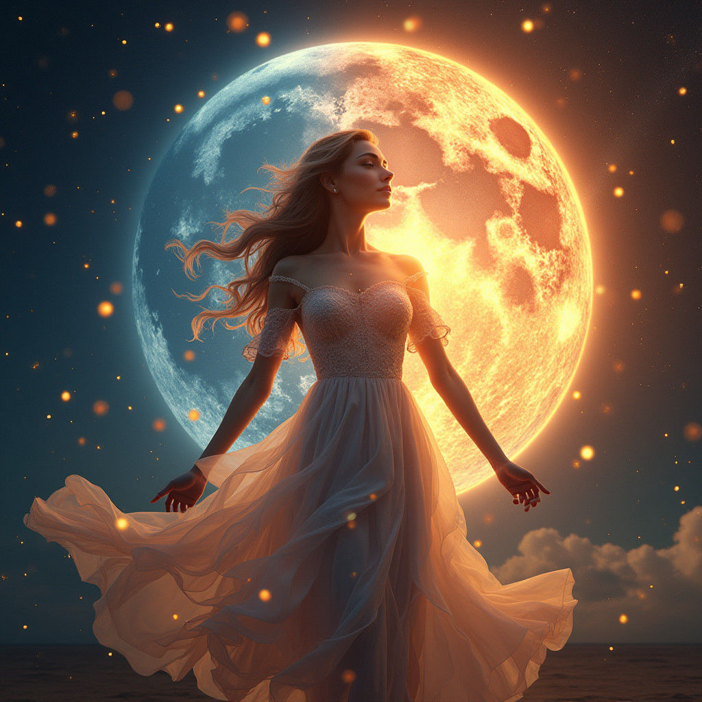 Cosmic Convergence: Woman Merging Sun and Moon