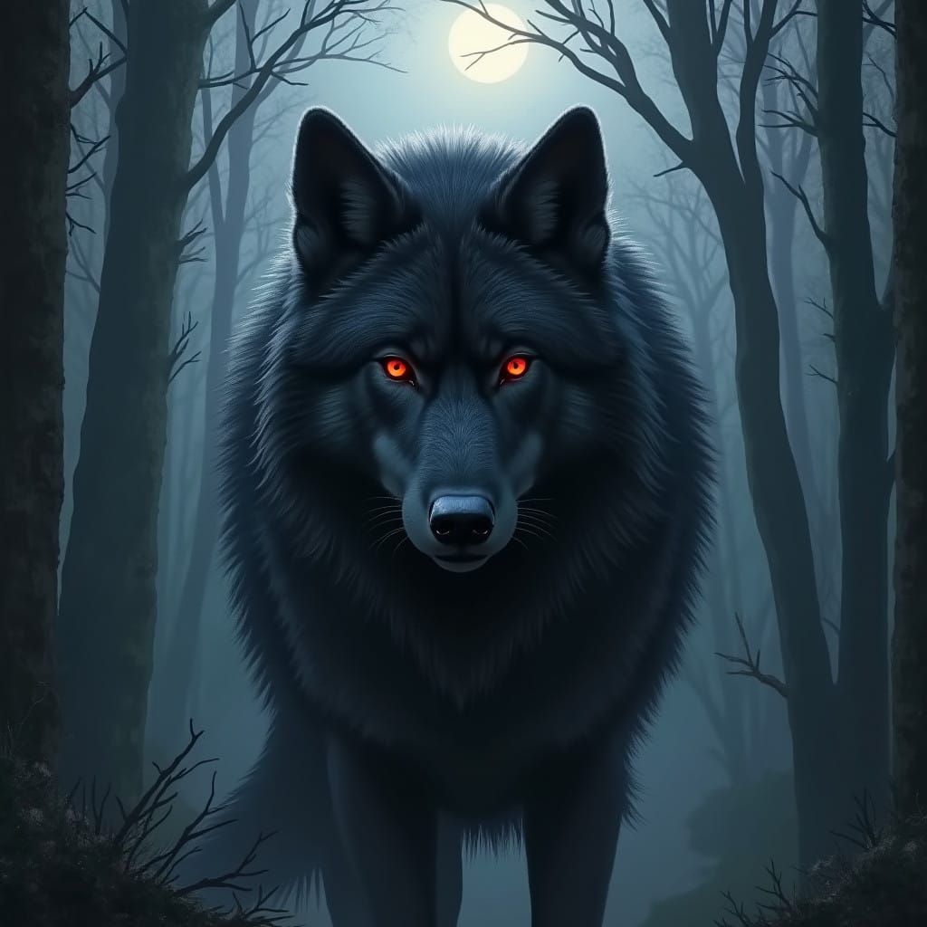 Dark Wolf Stands Watch Under Moonlit Trees
