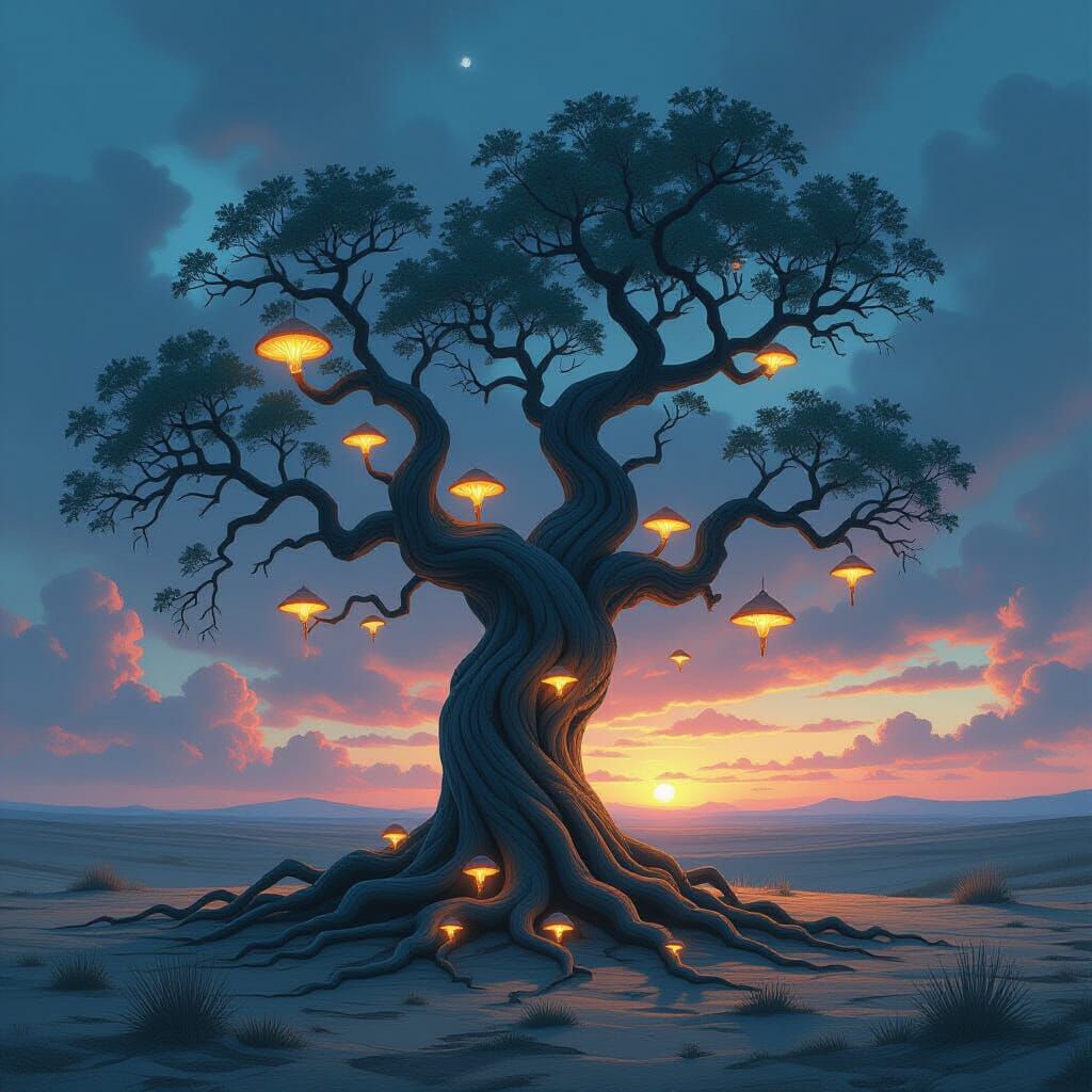 Ancient Porcelain Tree on Windswept Plain in Twilight Sky