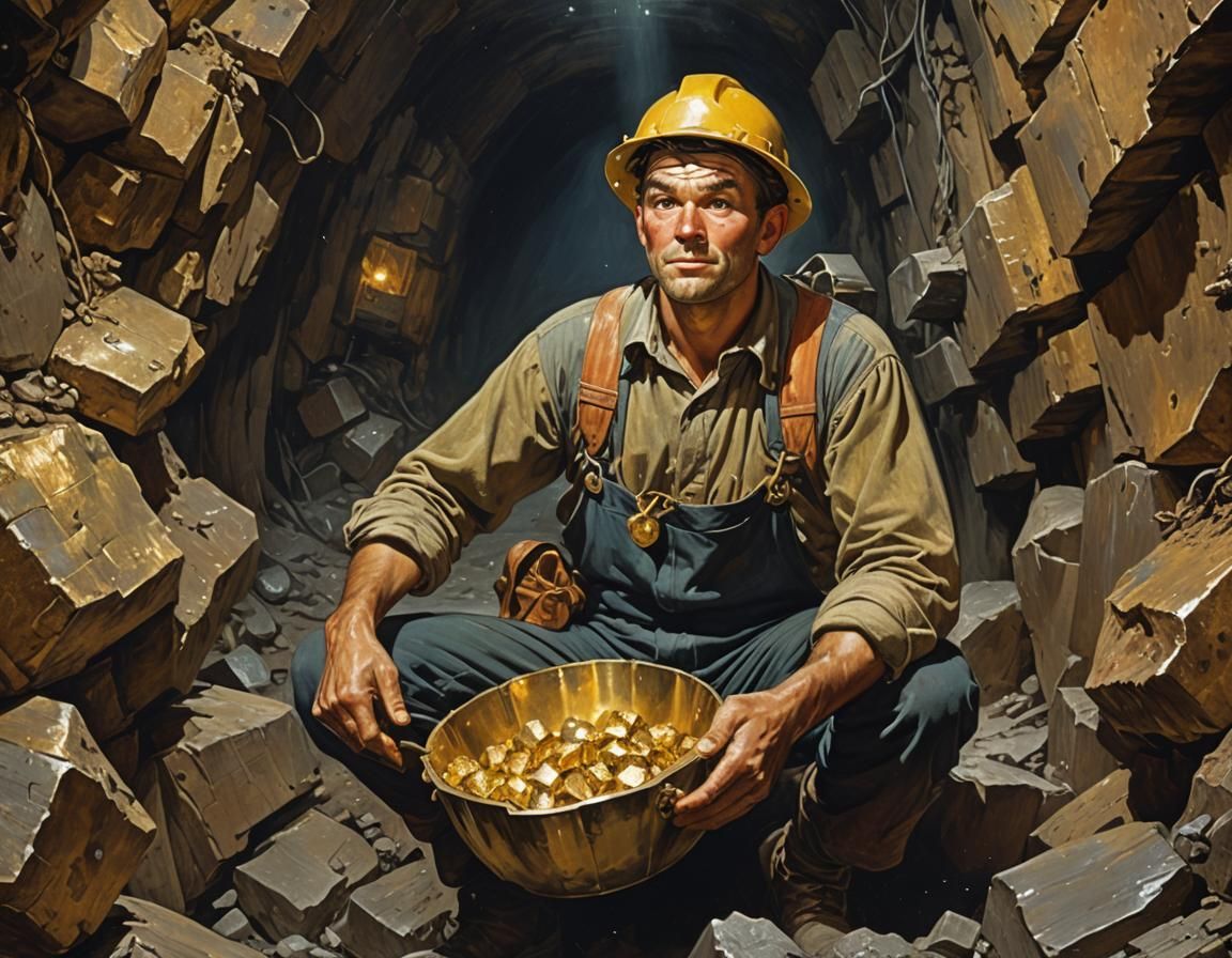 Vintage Miner with Gold Nugget in Mine Shaft