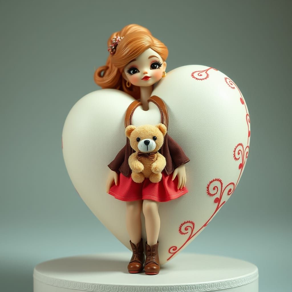 Stylish Heart-Shaped Model with Teddy Bear Embroidery