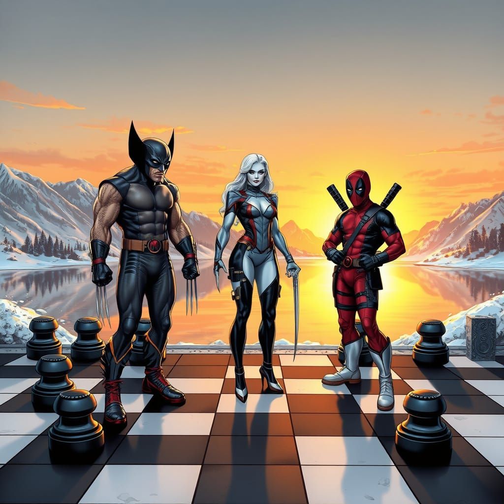 Wolverine, Emma Frost, and Deadpool on Chessboard, Comic Art