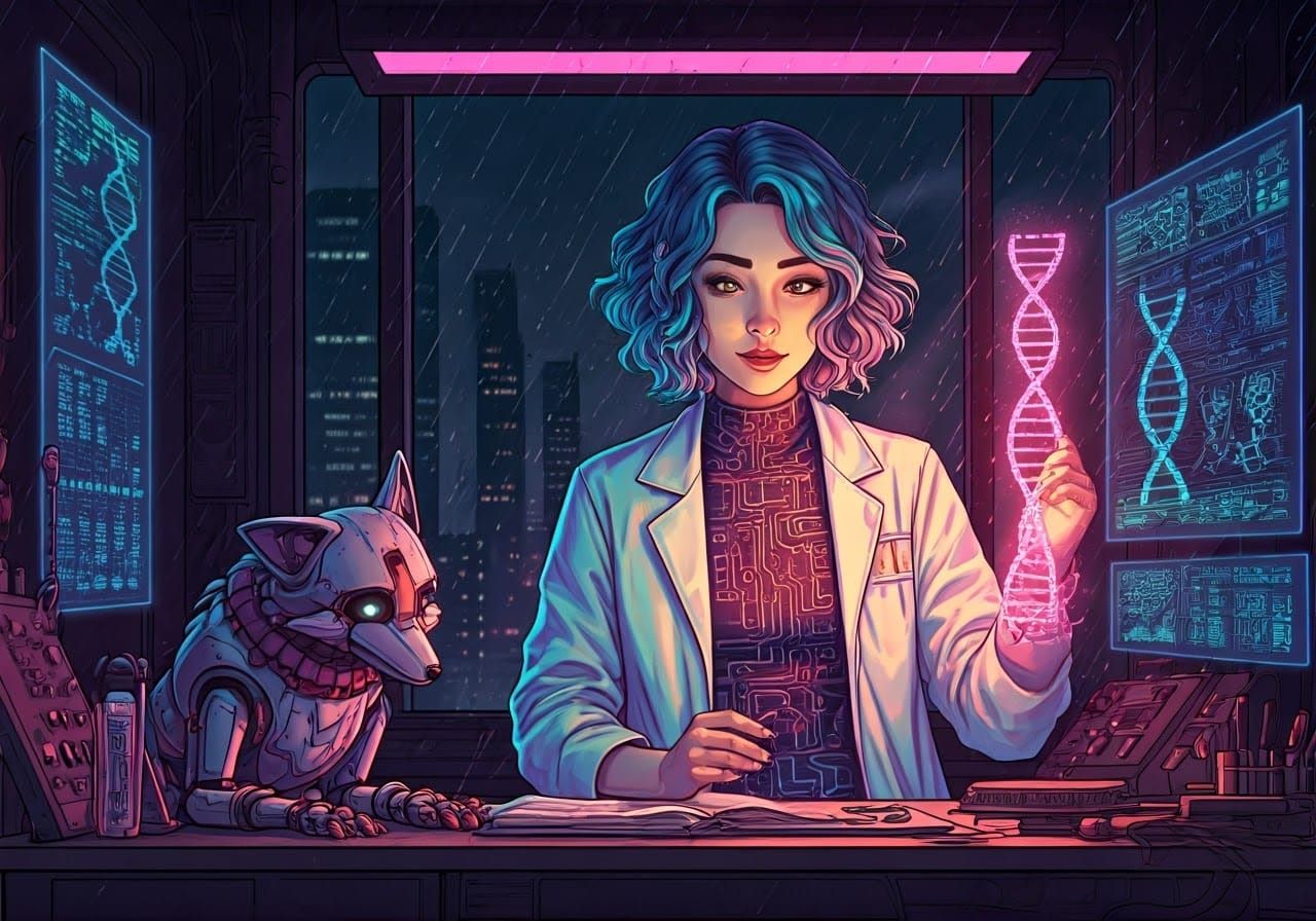 Cybernetic Researcher and Robotic Companion in Futuristic La...