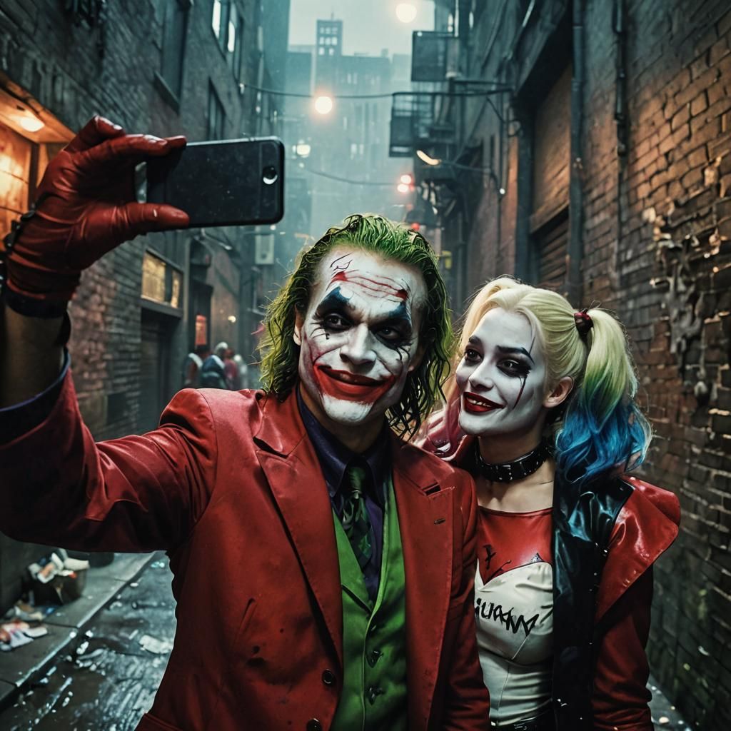 Joker and Harley Quinn Selfie in Gotham, Comic Art