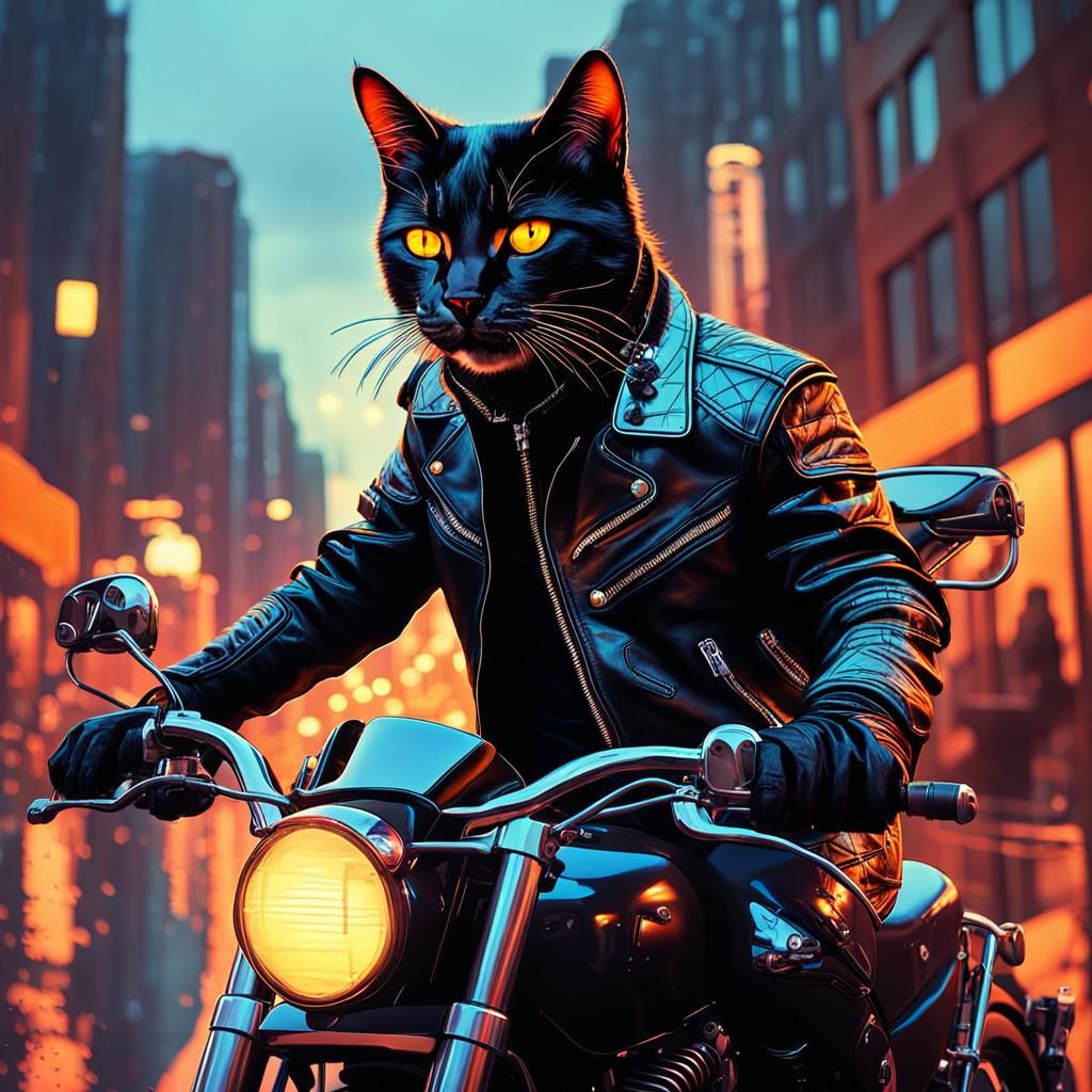 Cowboy Cat Rides Motorcycle: Neon Film Noir Digital Art