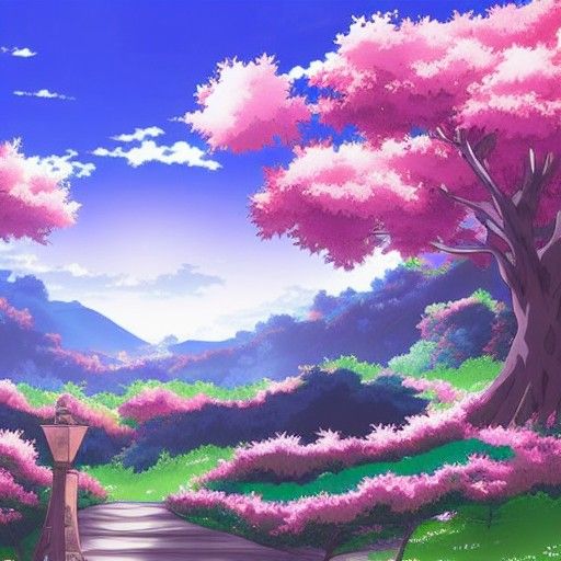 Anime Village Landscape with Pink Sky