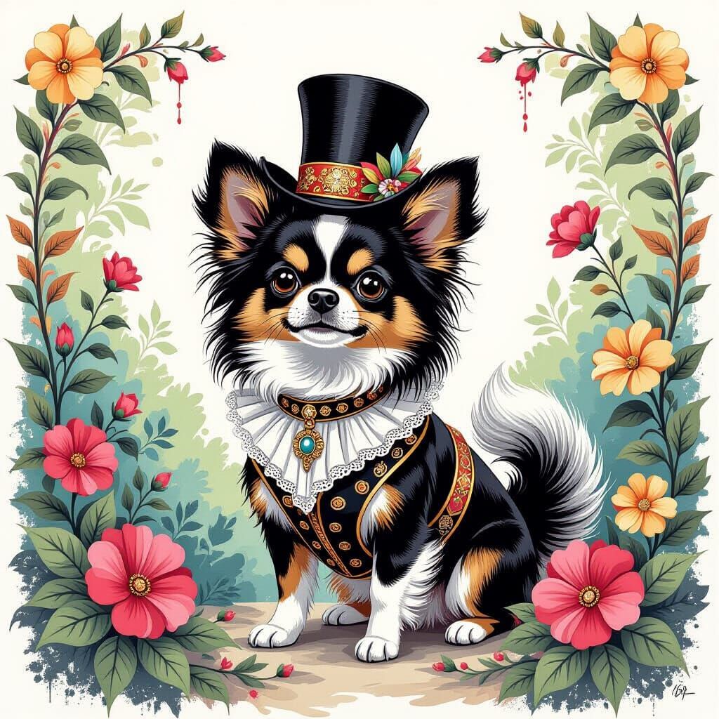 Baroque Chihuahua in Garden, Watercolor Style