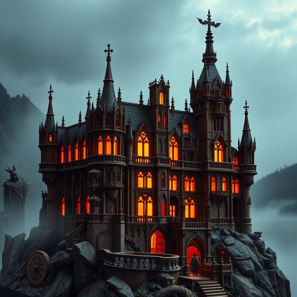 Gothic Revival Woodcarving of Dracula's Castle in Mysterious...