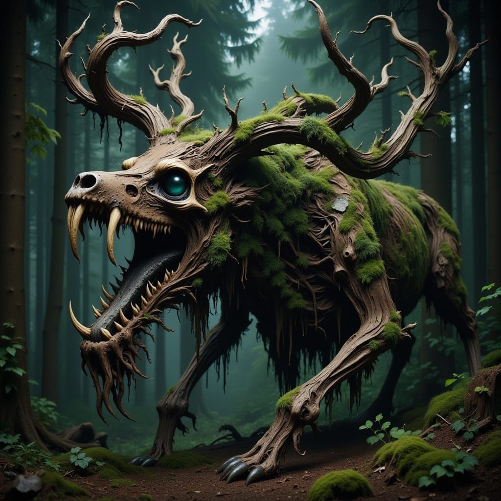 Mossy Skull Creature Snapping Trees in Dark Forest