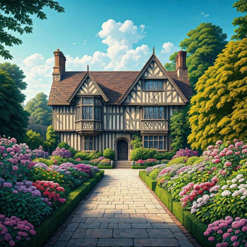 Tudor Mansion in Ornamental Garden, Mystical Landscape
