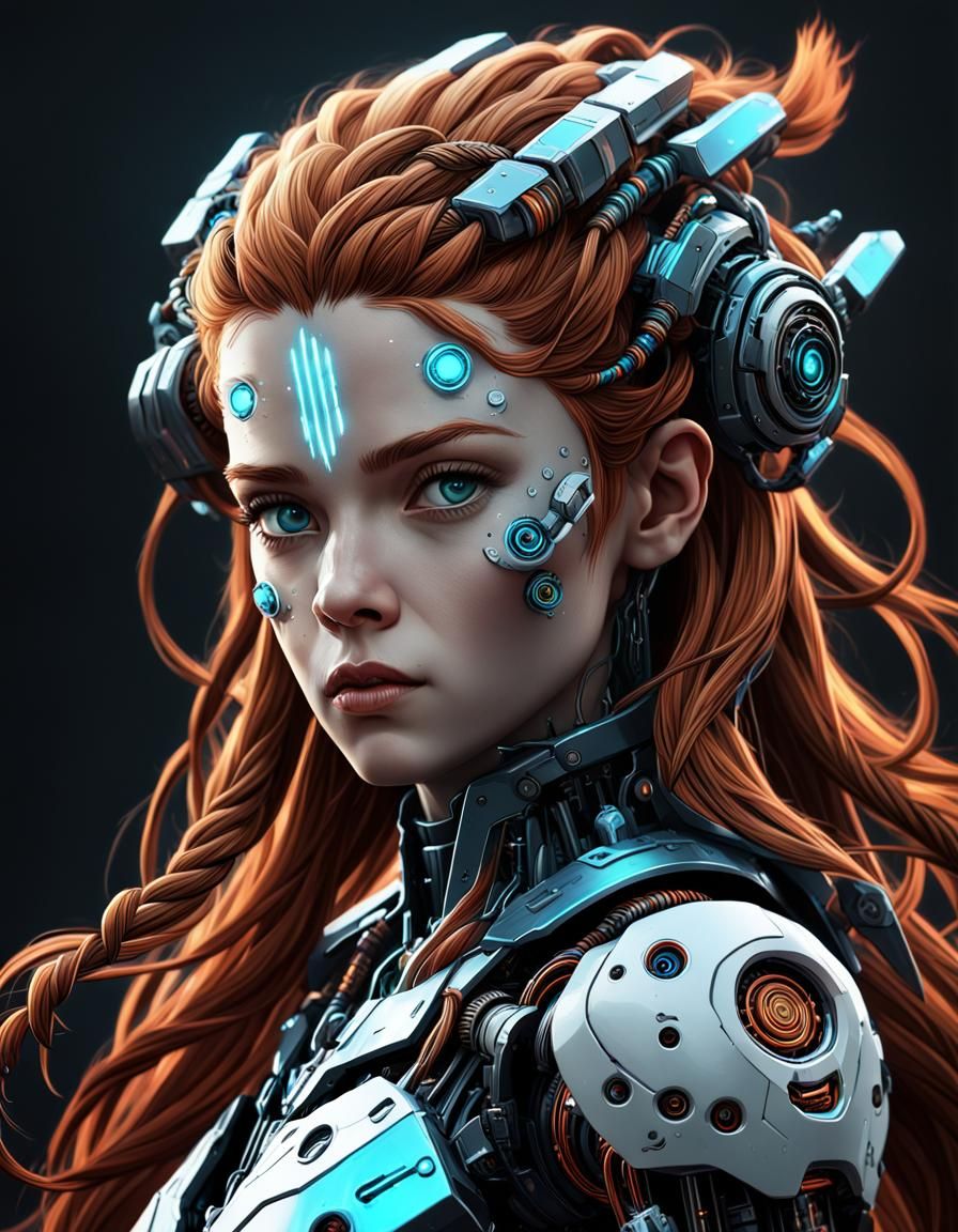 Robotic Cyborg with Flowing Hair in Digital Art Style