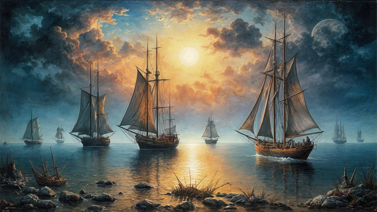 Corvettes at Sunset: Oil Painting in Romantic Style