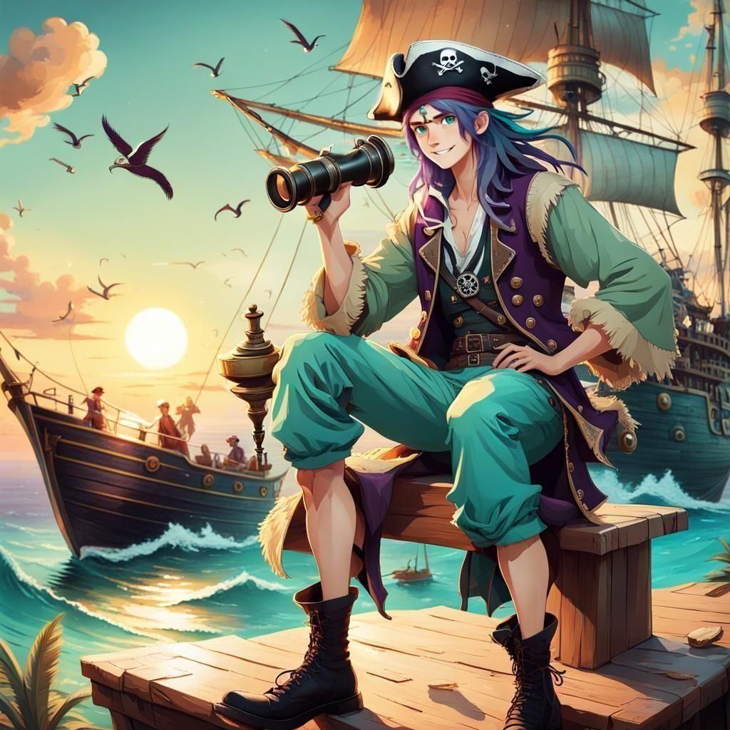Anime Teen Pirate Observes Island at Sunset