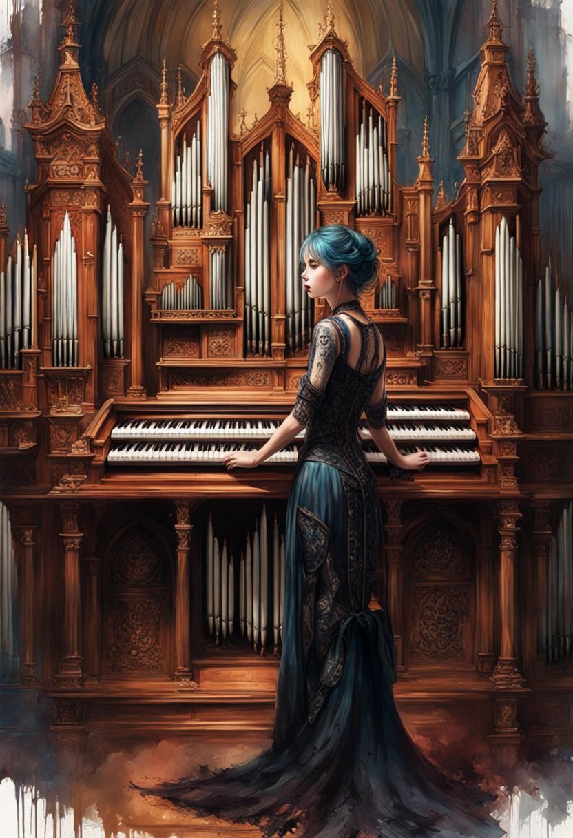 Gothic Girl Plays Majestic Organ, Digital Art