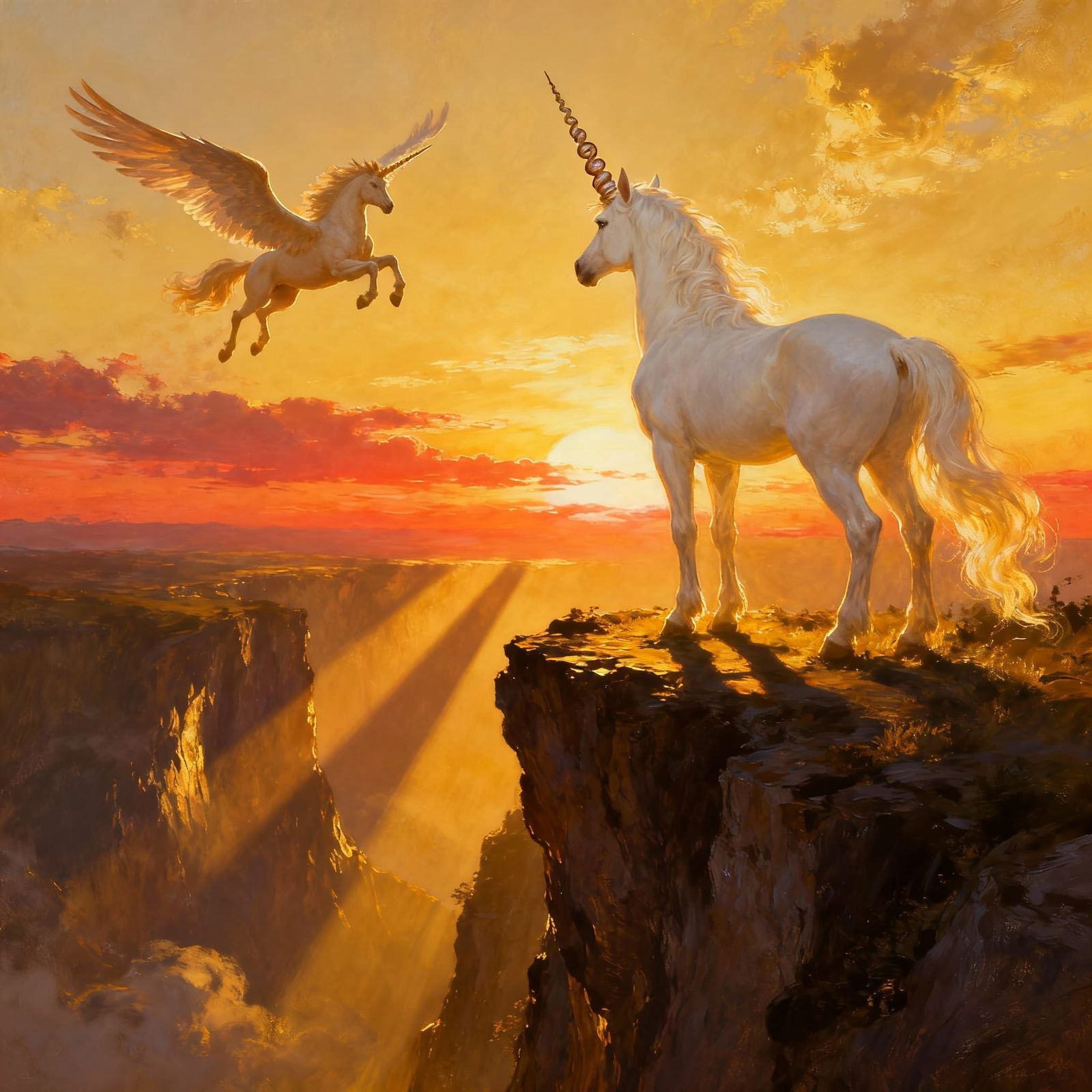 Unicorn on Cliff Edge Watches Pegasus at Sunset