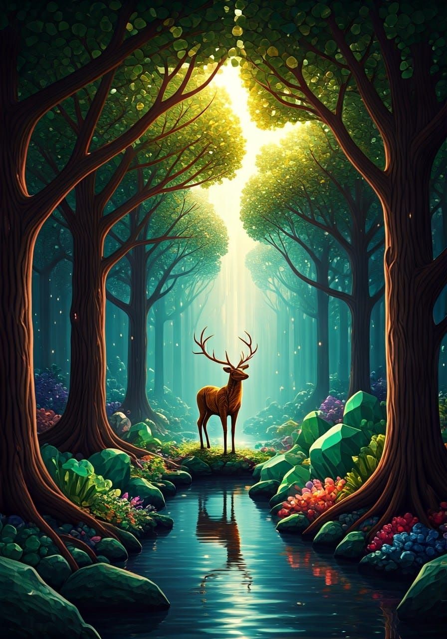 Surreal Gemstone Forest with Tiger Eye Deer and Refracted Co...