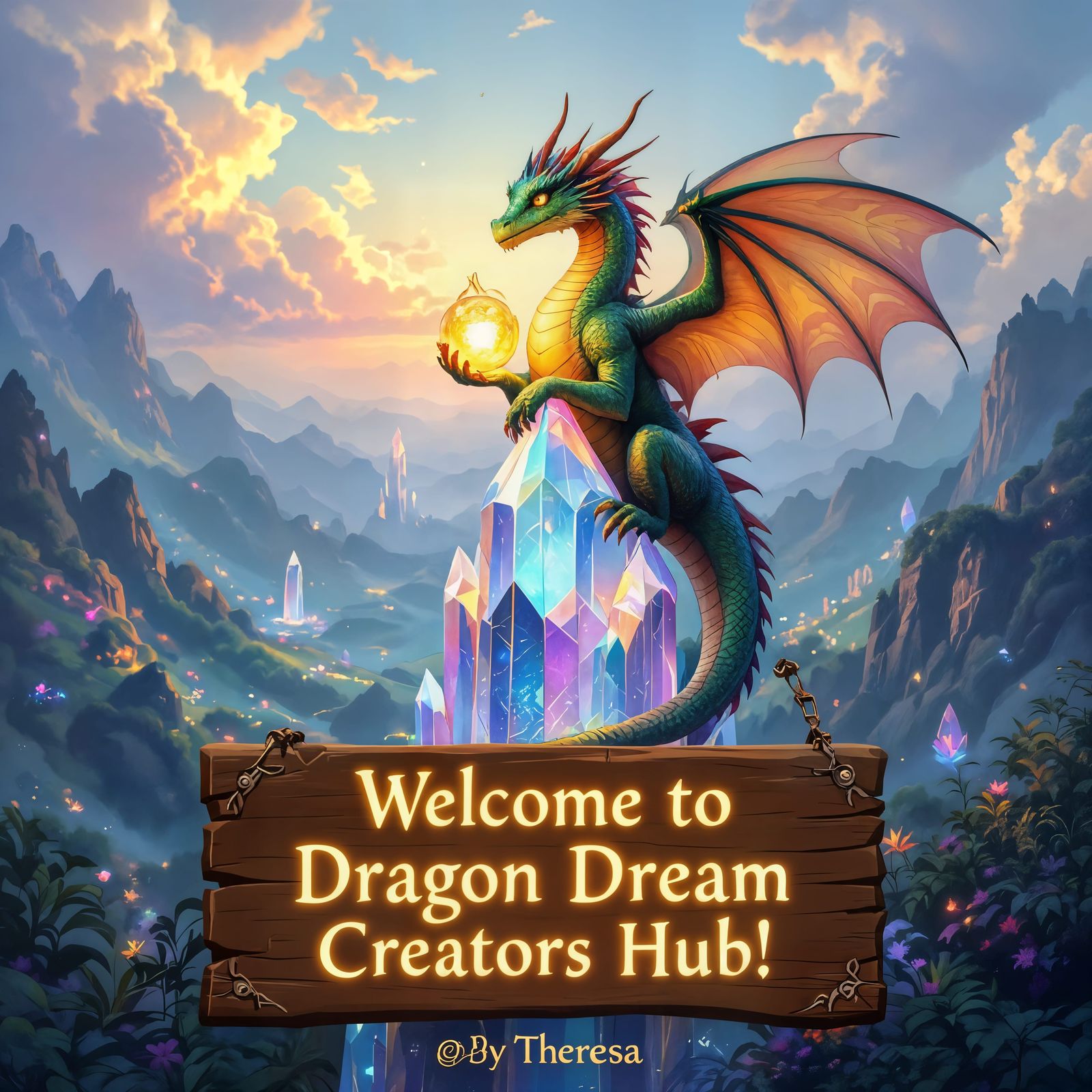 Rainbow Dragon on Crystal Tower in Fantasy Landscape