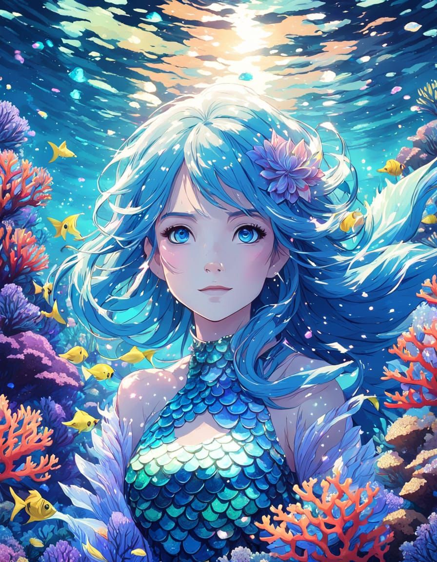 Blue-Haired Mermaid in Coral Reef, Anime Style