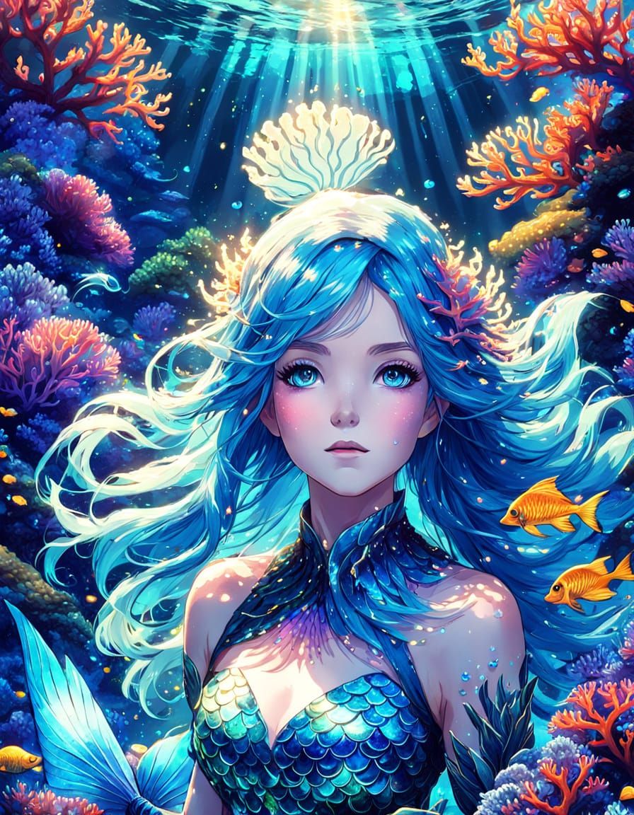Blue-Haired Mermaid in Bioluminescent Coral Reef: Anime Styl...