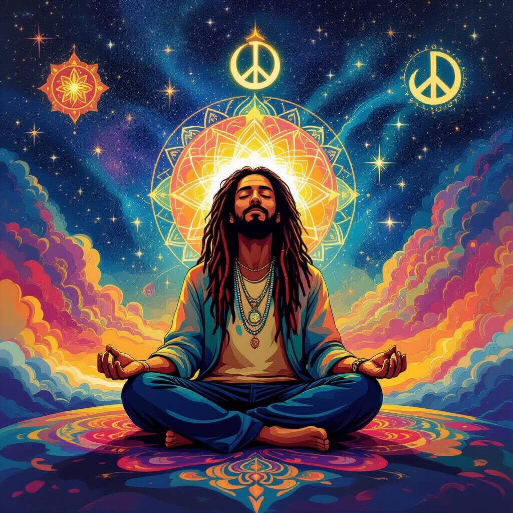 Cosmic Meditation with Reggae Symbols in Psychedelic Style