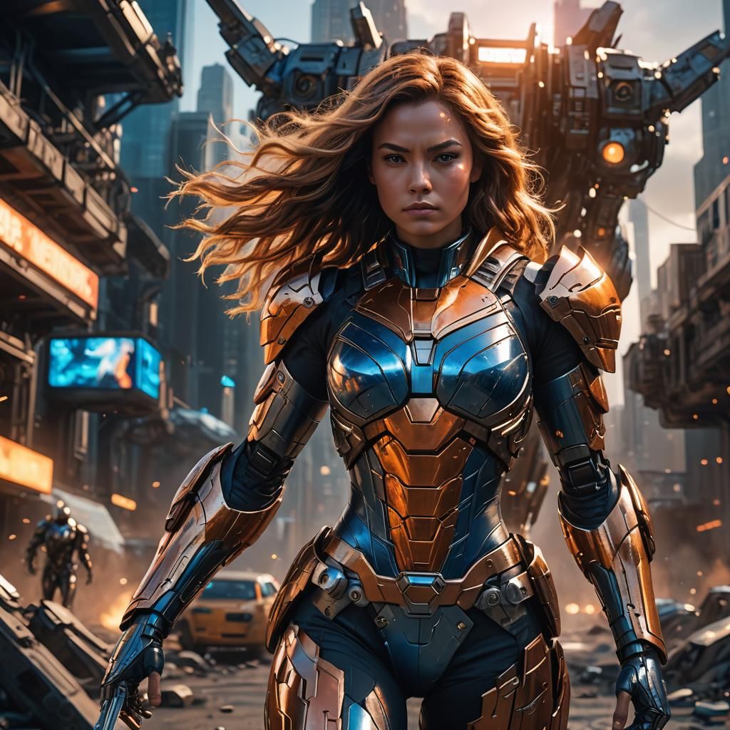 Sci-Fi Superheroine in Comic Book Style Sunset