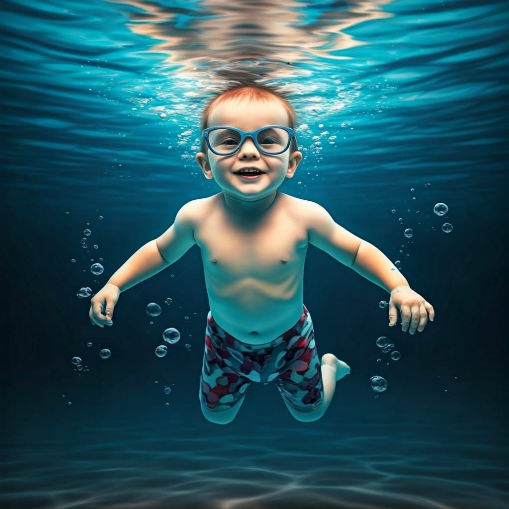 Underwater Toddler Smiles in Vibrant Artistic Fusion