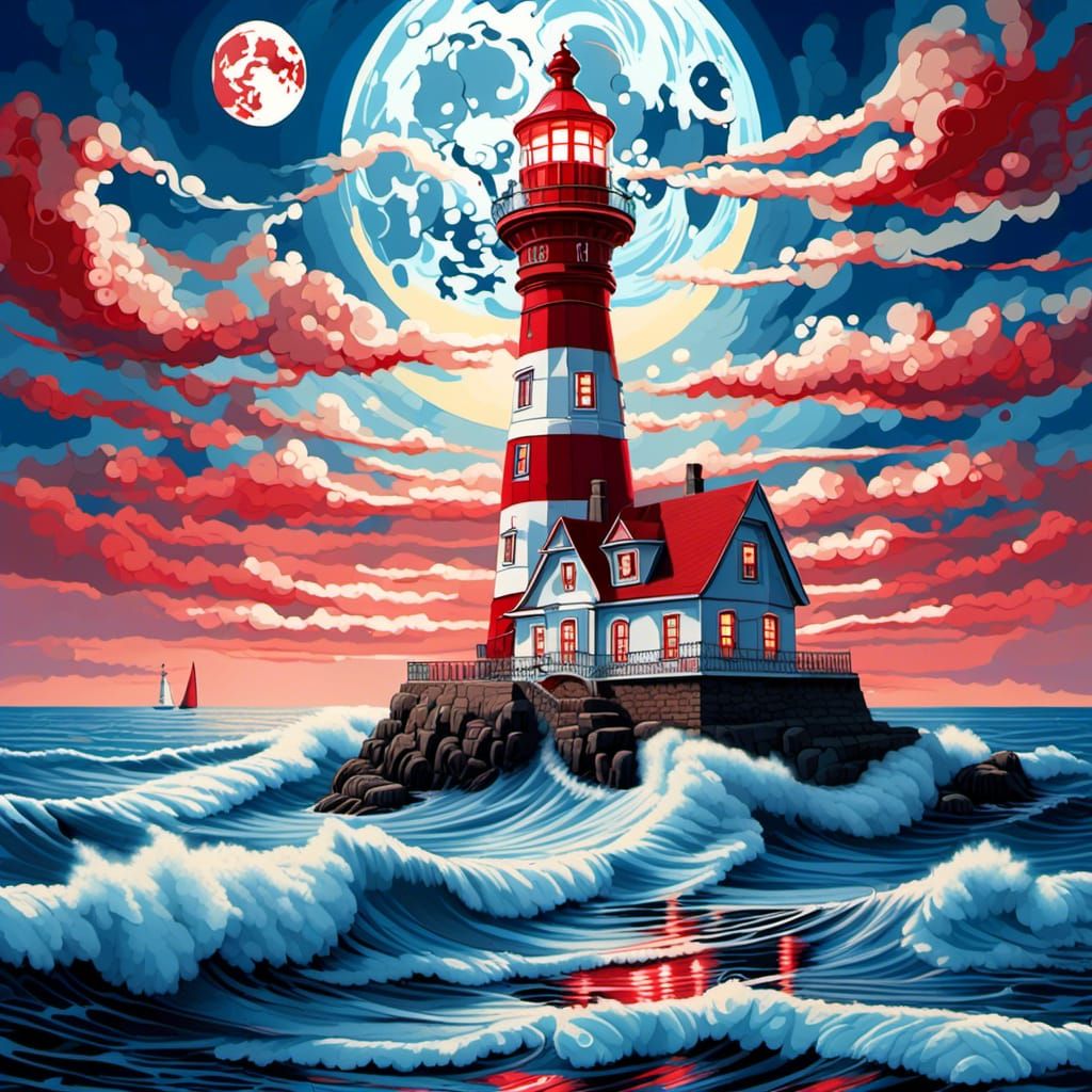 Detailed Lighthouse Seascape with Blue Moon