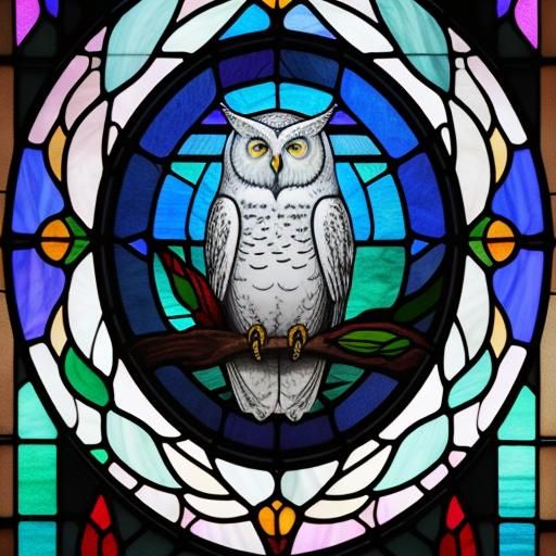 White Owl Against Full Moon in Stained Glass