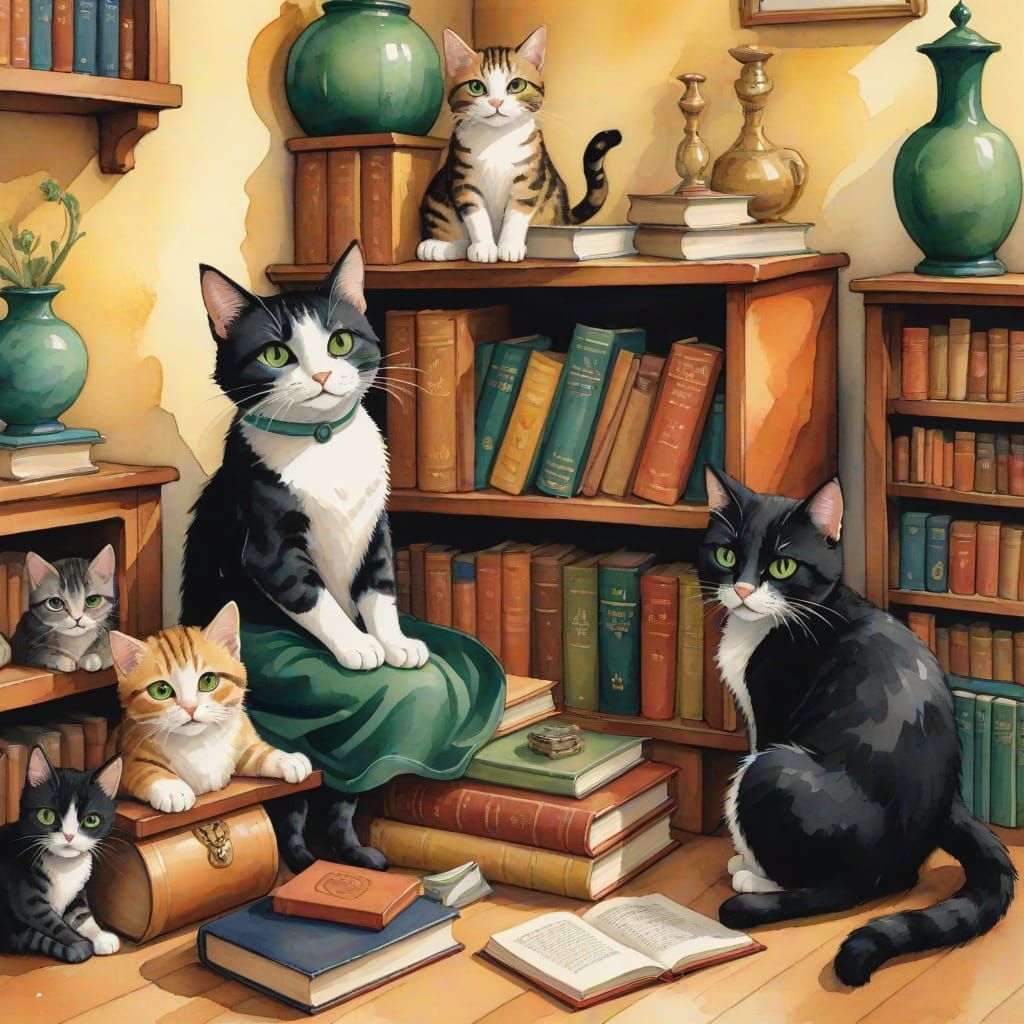 Whimsical Bookcase with Charming Felines