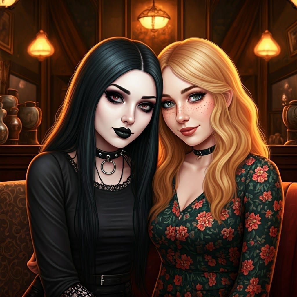 Goth Girl with Cheerful Friend in Coffee Shop