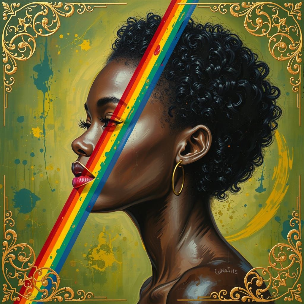 Vibrant Painting of Black Woman with Rainbow Light